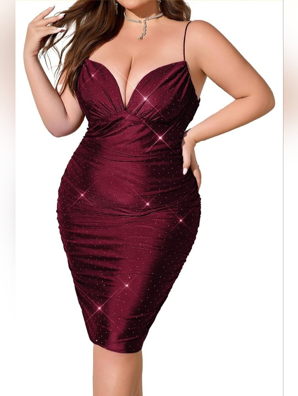 NWT Burgundy Rhinestone Ruched Cocktail Dress Size Large